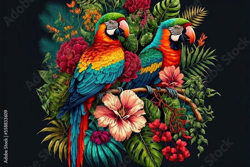 Fototapeta Floral vibrant exotic background with tropical flowers and plants, red parrots