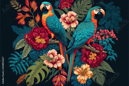 Floral vibrant exotic background with tropical flowers and plants  red parrots. Floral background. AI