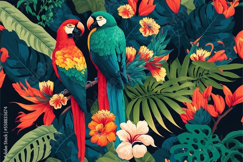 Floral vibrant exotic background with tropical flowers and plants, red parrots. Floral background. AI © Terablete