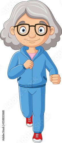 Cartoon grandma jogging on white background