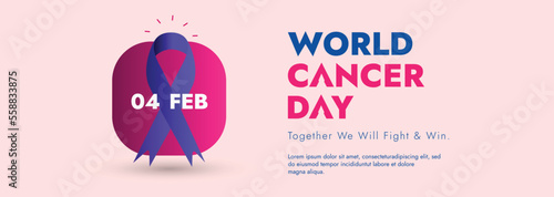 World cancer day. world cancer day awareness banner. 4 February world cancer day banner with apurple ribbon on pink background. cancer awareness campaign. together we will fight and win. 4th February.