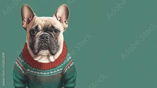 French Bulldog wearing an ugly Christmas sweater, with a green plain background with corporate space created by generative artificial intelligence, generative ai