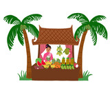 Asian street food vendor selling tropical fruit. Graphic illustration on white background.