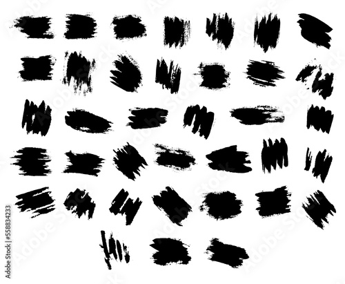 Set of black ink brush splatter. Collection of vector images of isolated graphic rough artistic staines