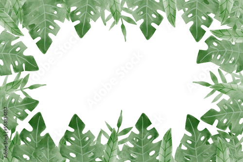 Tropical leaves frame watercolor. Jungle leaves watercolor banner. Monstera, palm leaves. Hand painted illustration isolated on white background. Wedding postcard clip art, Logo element.