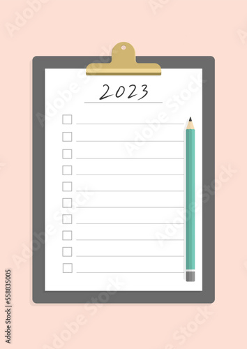 手書きの2023の文字入りの書類を挟んだバインダーと鉛筆のおしゃれな素材 - 2023年の目標・計画 