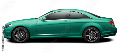 Modern blue-green car coupe side view isolated on white background. © andrew7726