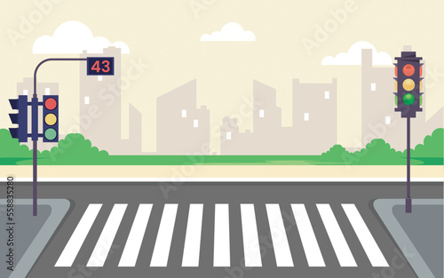 City Empty Road Street with Crosswalk and Traffic Lights vector illustration.