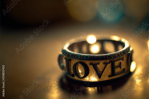 A Word LOVE in Ring Jewelry with bokeh background Generative AI digital Stock illustration 