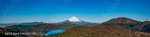 Banner image of Mt. Fuji and Ashinoko lake with blue sky background at daytime.