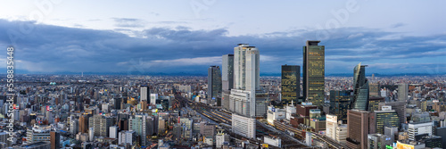 Ultra wide image of Nagoya station and its central area at in the evening with cloud.
