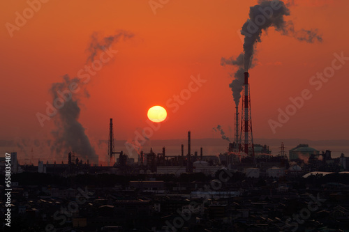 Sunrise at the petrochemical complex at Yokkaichi Port.