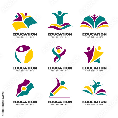 Abstract People Education Logo Collection Template Pack, Abstract School Logo with Teamwork, book and pen object for business branding. Vector Illustration