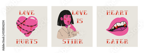 Anti valentines day concept gift card. Anti love mood. Cartoon elements and lettering in trendy tattoo style. Vector illustration.
