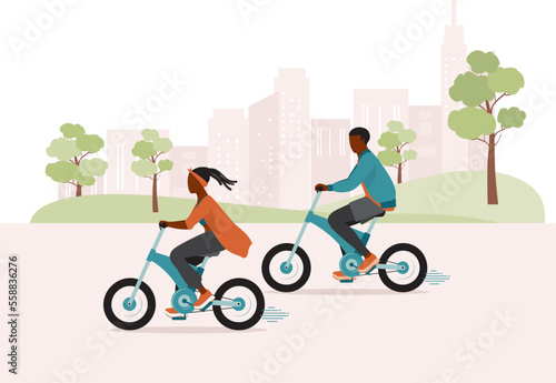 Black Young Man And Woman Riding A Foldable Electric Bicycle On Road At The City. Full Length. Flat Design Style, Character, Cartoon.