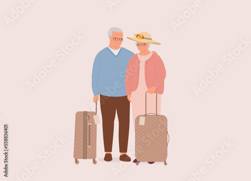 Smiling Senior Couple Holding A Luggage Bag. Full Length. Flat Design Style, Character, Cartoon.