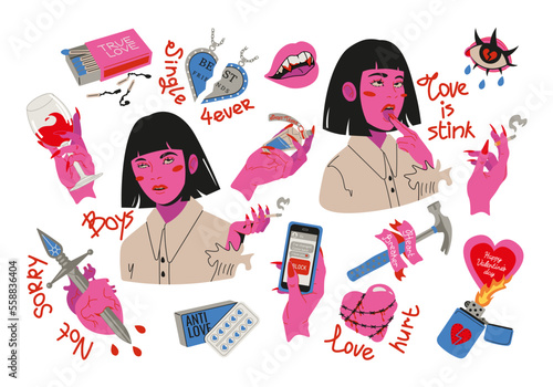 Bad valentines day concept sticker pack. Anti love mood. Set of cartoon elements in trendy tattoo style. Vector illustration.