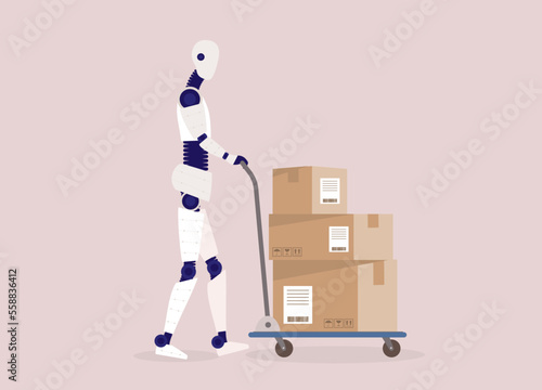 Side View Of A Humanoid Robot Pushing Hand Truck Loaded With A Stack Of Delivery Boxes. Full Length. Flat Design Style, Character, Cartoon. 