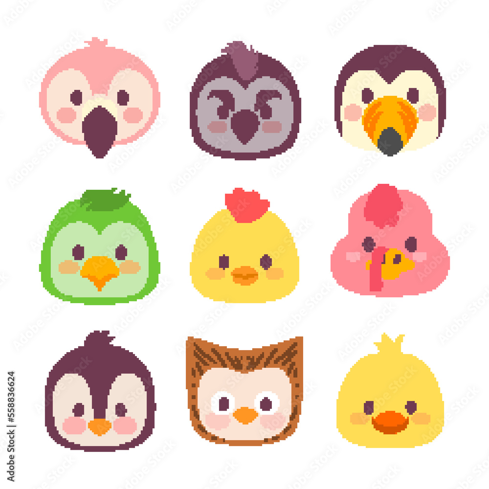 Cartoon cute animals for baby card and invitation. Cute Animal Head Vector illustration.  Birds, Flamingo, owl, penguin, duck, chicks, turkey,