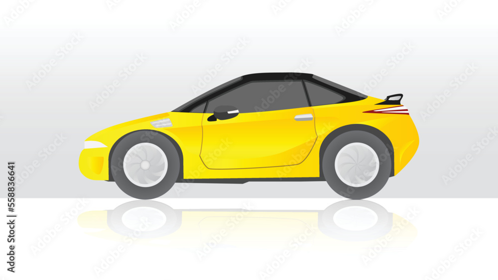 Concept vector illustration of detailed side of a flat electric vehicle car. with shadow of car on reflected from the ground below. And isolated white background.