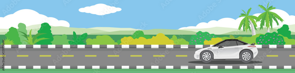 Travels of electric vehicle car driving for banner. Asphalt road near the green grass and meadow with green mountain under clear sky. Copy Space Flat Vector.