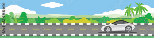 Travels of electric vehicle car driving for banner. Asphalt road near the green grass and meadow with green mountain under clear sky. Copy Space Flat Vector. © thongchainak