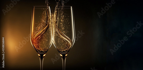 Celebration toast, two champagne glasses and splash close up, dark background. AI generative