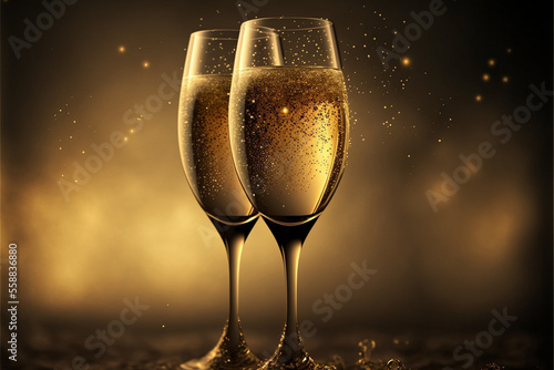 Champagne glasses close up, celebration party, dark background, copy space. AI generative