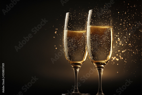 Celebration party, champagne glasses close up, dark background, copy space. AI generative