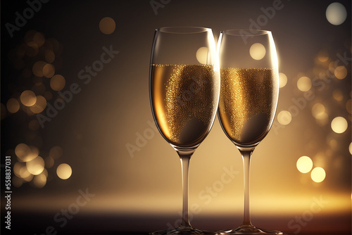 Celebration party, champagne glasses close up, dark background, copy space. AI generative