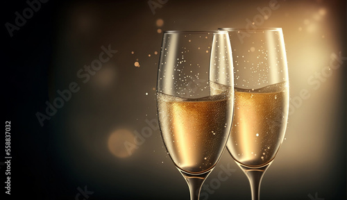 Celebration party, champagne glasses close up, dark background, copy space. AI generative
