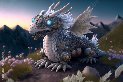 The cute dragon is standing in the shimmering and fanciful forest. Generative AI. © UIMEGA