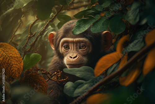 Cute baby monkey in the jungle, adorable young primate, wild animal among the foliage illustration generative AI.