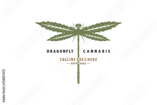 Vintage Dragonfly with Cannabis Marijuana Ganja Leaf for Hemp CBD Oil Logo Design