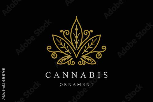 Elegant Luxury Golden Cannabis Marijuana Ganja Leaf Decorative Ornament for Hemp CBD Oil Logo Design