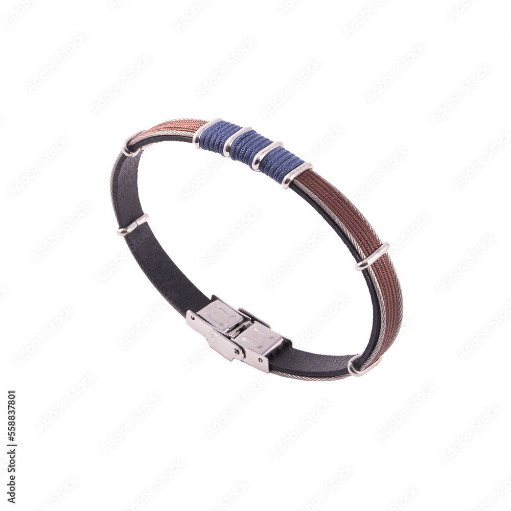Isolated leather and silver bracelets on white background. Lifestyle and men's bracelets.
