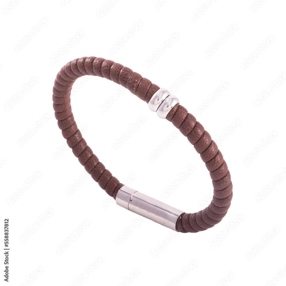 Isolated leather and silver bracelets on white background. Lifestyle and men's bracelets. Isolated leather and silver bracelets on white background. Lifestyle and men's bracelets.