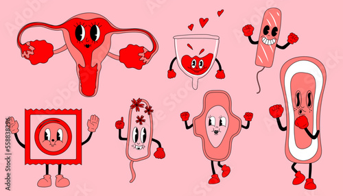 Set of retro mascot female Menstrual cup with hearts, female pad, tampon, organ character female reproductive system uterus, condom. Girl hygiene producer. Vector illustration