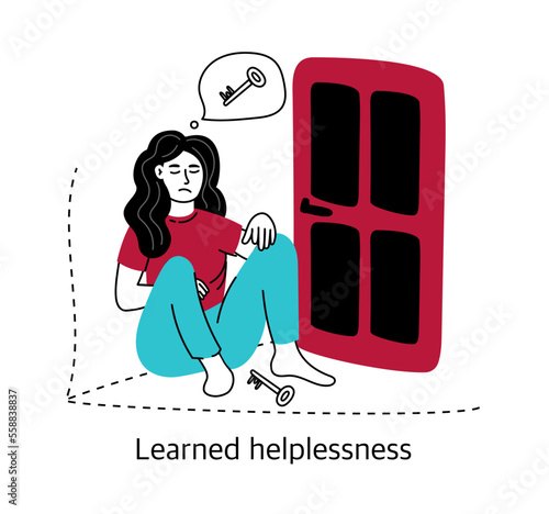 Learned helplessness. The concept of mental health and psychology. Vector illustration of a girl isolated on a white background.