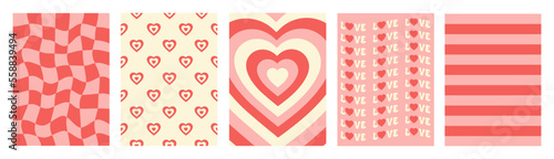 Groovy romantic set posters. Trendy backgrounds in retro style 60s, 70s. Happy Valentines day greeting card. Vector illustration