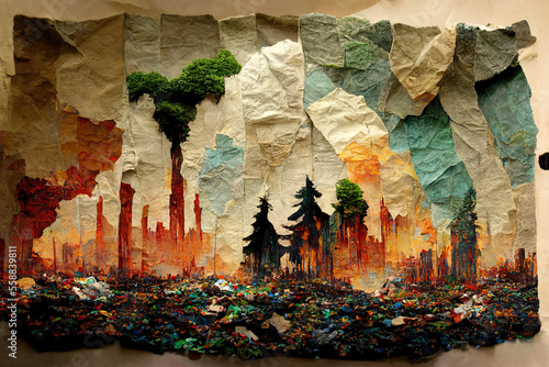 Contaminated environment with smoke, garbage and burning forest, watercolor on textured paper illustration