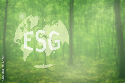 graphic of globe with esg as font in front of green forest in background with copy space