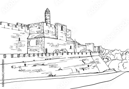 Old walls of Jerusalem, black and white vector illustration in hand drawn style. Ancient walls. Jerusalem, Israel. Urban landscape sketch. Line art. Ink drawing on white.