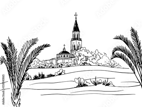 Nice view on old church. Tel Aviv. Israel. Hand drawn line sketch. Urban landscape. Line art. Ink drawing. 
