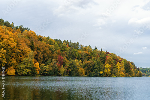 Autumn colors Trees and Forest in Lithuania. Green Lakes. Zalieji ezerai. Landscape and Nature. Lake in foreground.