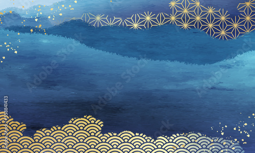 麻の葉と青海波の抽象的な青色のベクターイラスト背景