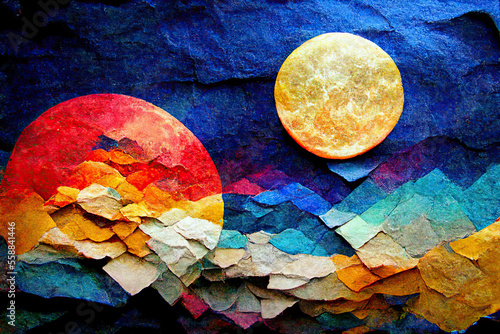 Colorfull watercolor illustration of moon and sun on textured paper