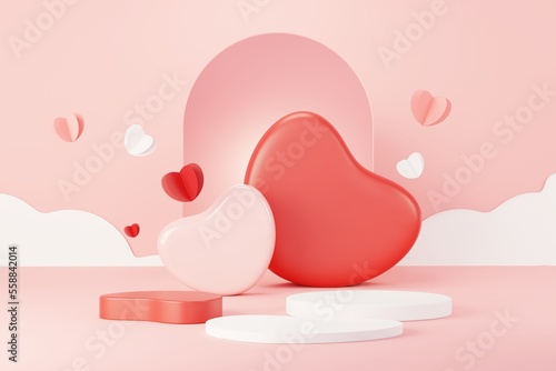 3D render Happy Valentine Day. Minimal sweet love scene with display podium for mock up and product brand presentation. Pink Pedestal stand. Cute lovely heart background. Love day's design style. 