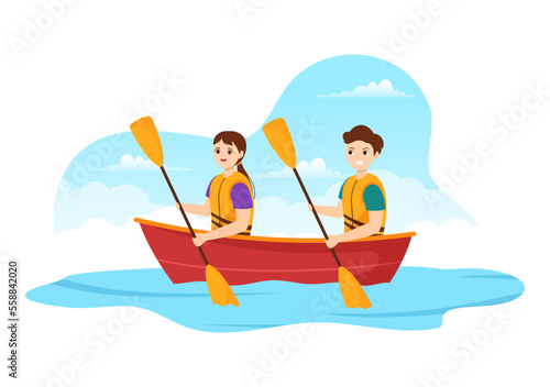 People Enjoying Rowing Illustration with Canoe and Sailing on River or Lake in Active Water Sports Flat Cartoon Hand Drawn Template