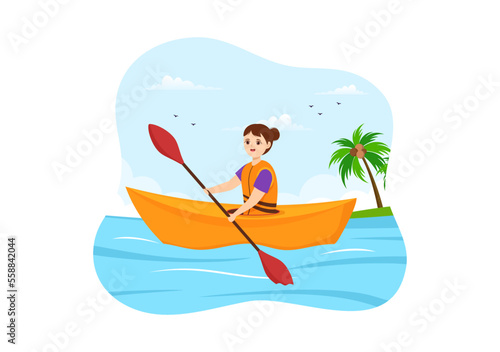 People Enjoying Rowing Illustration with Canoe and Sailing on River or Lake in Active Water Sports Flat Cartoon Hand Drawn Template